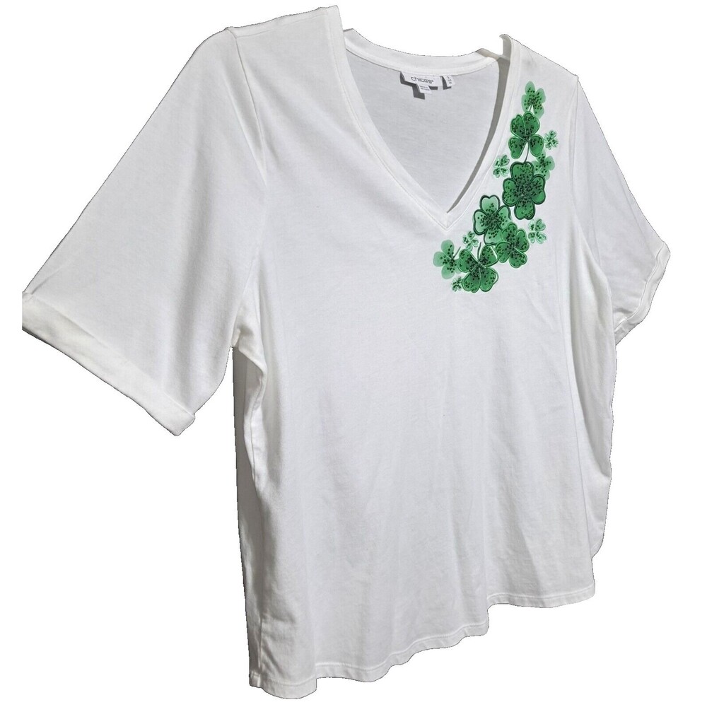 Chico's 3D Floral Top Size 3 US XL Embroidered green Floral Sheer short Sleeves